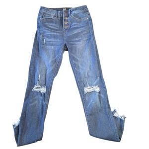 Simple Society Womens Blue Distressed Button Fly Skinny Jeans Size 5